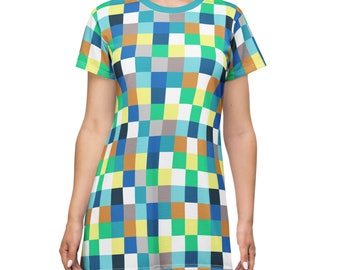 Colorful Squares T-Shirt Dress Vibrant Multicolor Lightweight Fabric Comfortable Summer Gift
