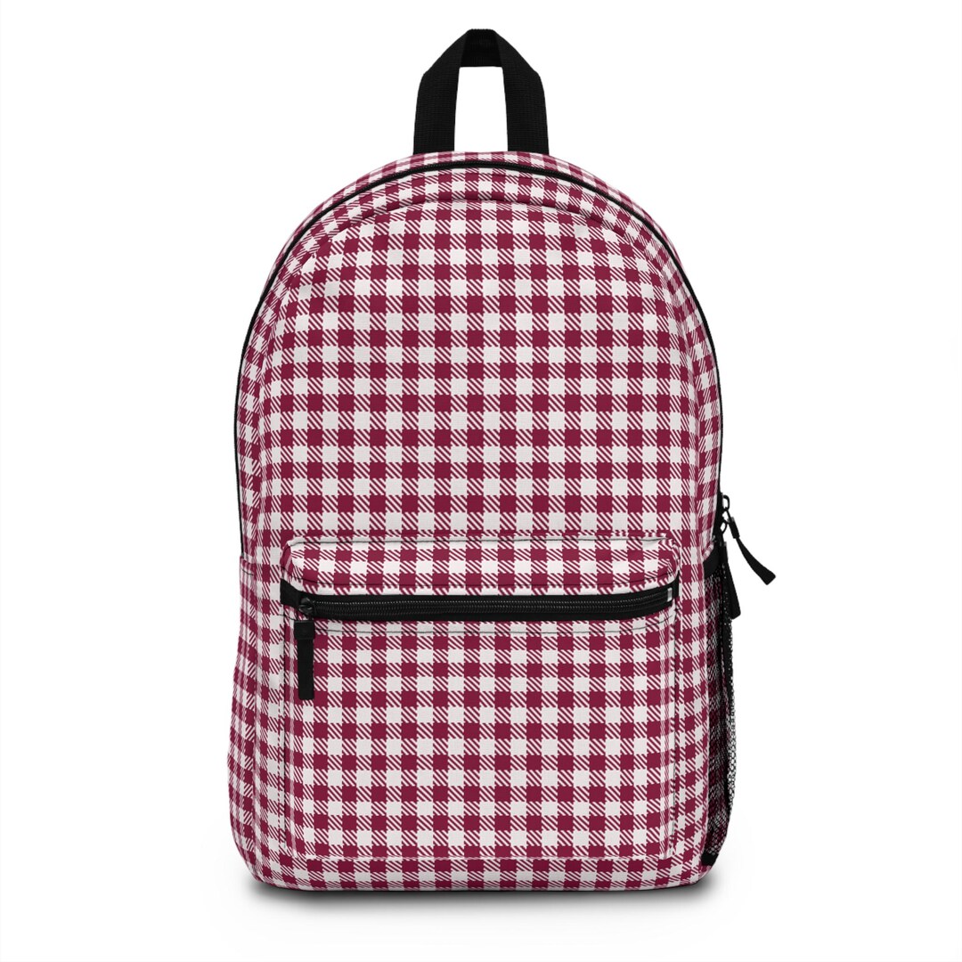 Plaid Burgundy Backpack: Polyester Carryall Bag