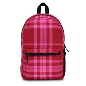 Red Pink Plaid Backpack: Tartan Pattern Rucksack
