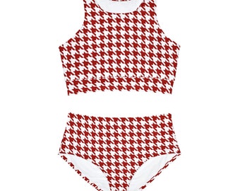 Sporty Red Houndstooth Bikini Set - High-Waisted Athletic Swimwear for Beach Adventures