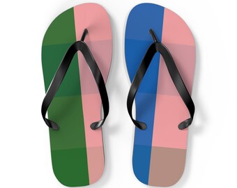 Chic Checkered Flip Flops, Blue Green and Pink Patterned Beach Sandals, Summer Footwear, Unique Gift for Her