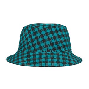 Gingham Bucket Hat – Sky Blue & Black with Black Stitches, Adjustable Sizes for Men and Women, Trendy Summer Accessory
