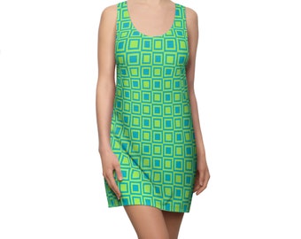 Chic Geometric Racerback Dress, Women's Green Blue Squares Pattern, Stylish Athletic Fit Summer Attire, Gift for Her