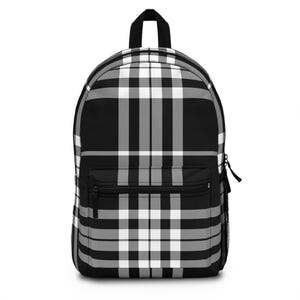 Plaid Black White Backpack: Stylish Pattern Rucksack, School Bag, Trendy Travel Knapsack, Fashionable Daypack