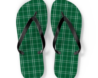 Stylish Green Tartan Flip Flops - Comfy Plaid Summer Sandals, Perfect Beachwear, Unique Gift for Him or Her