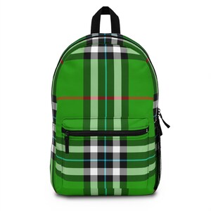 Plaid Green Backpack, Checkered School Bag, Tartan Travel Backpack, Forest Green Rucksack, Stylish Bookbag, Outdoor Hiking Gear