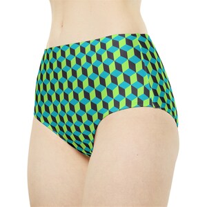 High-Waist Hipster Bikini Bottom, Stretchy Green Blue Black Cube Design, Comfortable Swimwear, Unique Gift for Her image 5