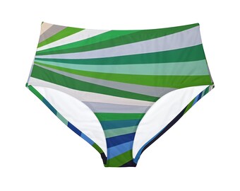 High-Waist Hipster Bikini Bottom, Green Blue Stripes Athletic Swimwear, Perfect Comfort Beachwear, Unique Gift for Her