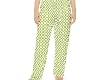 Cozy Light Green Check Pajama Pants, Soft Jersey Women's Sleepwear, Ideal for Lounge and Relaxation, Gift for Her