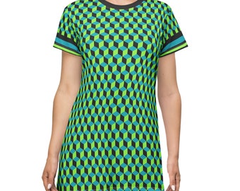 Geometric Cube T-Shirt Dress - Vibrant Blue, Green and Black - Casual Wear - Unique Gift for Her