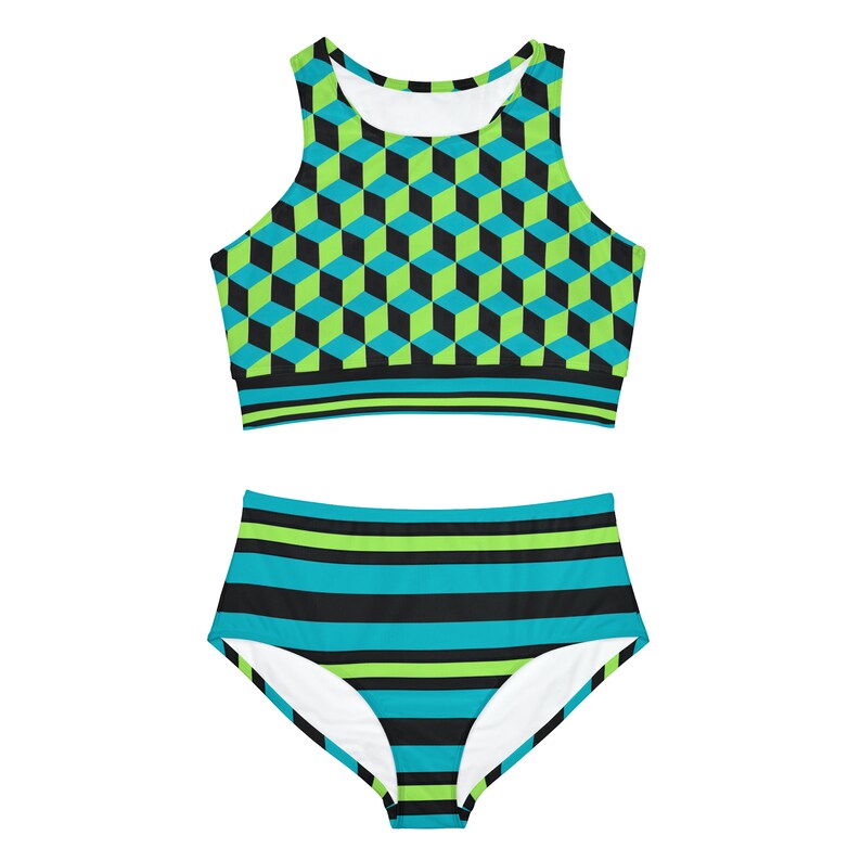 Athletic Full-Coverage Bikini Set Cubes and Stripes Pattern, Sporty High-Waisted Swimwear, Ideal for Active Beachgoers image 2