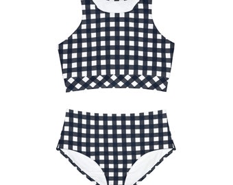 Navy Blue Gingham Sporty Bikini Set - Two-Piece Swimwear, Athletic Beachwear, Perfect Summer Gift for Her