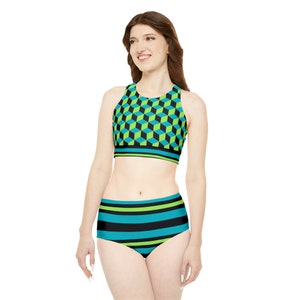 Athletic Full-Coverage Bikini Set Cubes and Stripes Pattern, Sporty High-Waisted Swimwear, Ideal for Active Beachgoers image 1