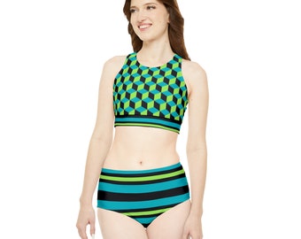 Athletic Full-Coverage Bikini Set - Cubes and Stripes Pattern, Sporty High-Waisted Swimwear, Ideal for Active Beachgoers