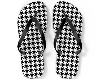 Trendy Black and White Houndstooth Flip Flops - Stylish Summer Footwear, Casual Poolside Essential, Fashionable Birthday Gift