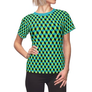 Cubed Blue Green Black Women's Tee, Stylish Polyester Shirt, Casual Tee, Gift for Her image 5