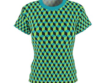 Cubed Blue Green Black Women's Tee, Stylish Polyester Shirt, Casual Tee, Gift for Her