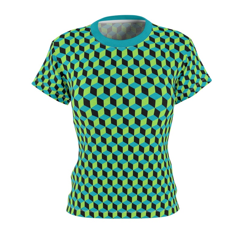 Cubed Blue Green Black Women's Tee, Stylish Polyester Shirt, Casual Tee, Gift for Her image 1