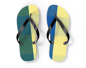 Checkered Comfort Flip Flops - Yellow, Blue and Green - Cushioned Summer Beachwear - Unique Design Gift