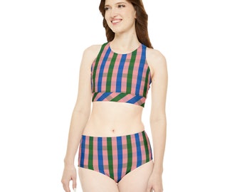 Sporty Bikini Set - Checkered Blue Green and Pink, High Performance Swimwear for Women, Perfect Summer Gift