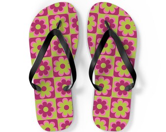 Chic Pink and Green Floral Flip Flops, Cushioned Summer Comfort Sandals for Beach Outings and Poolside Fun