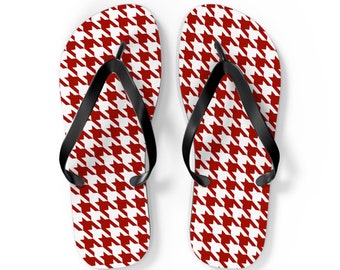 Chic Red Houndstooth Flip Flops - Classic Patterned Summer Sandals for Beach & Poolside - Unique Gift for Her