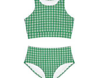 Sporty Bikini Set - Irish Green with Silver Clovers, Athletic Swimwear, Perfect for St. Patrick's Day Pool Parties