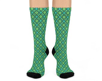 Comfy Blue Green Pop Flower Socks - Cushioned Crew Style, Unisex Fit for All, Perfect Gift for Feet