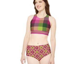 Chic Pink and Green Checkered Sporty Bikini Set, High-Waisted Comfort Swimwear for Summer Fun