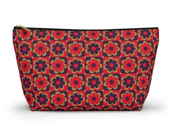 Bolsa de accesorios de flores moradas y rojas - Elegante bolsa de maquillaje con fondo en T - Organizador de viajes versátil - Regalo para ella