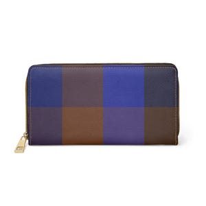 Cartera con cremallera a cuadros en azul y marrón, tarjetero con estampado de cuadros, monedero elegante, monedero retro a cuadros, organizador de dinero moderno.
