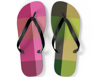 Chic Pink and Green Check Flip Flops - Comfy Cushioned Summer Sandals for Beach Days