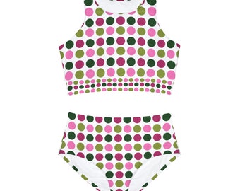 Sporty Green & Pink Dots Bikini Set, High-Waisted Athletic Swimwear, Ideal for Active Swimmers, Stylish Summer Gift