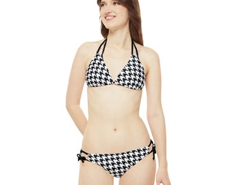 Sophisticated Black Houndstooth Bikini, Designer-Inspired Strappy Swim Set, Must-Have for Beach Outings