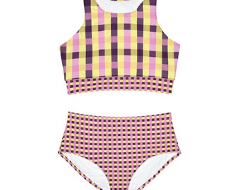 Vibrant Checkered Sporty Bikini Set in Purple, Yellow, & Pink - Perfect for Pool Parties, Stylish Summer Gift