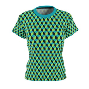 Cubed Blue Green Black Women's Tee, Stylish Polyester Shirt, Casual Tee, Gift for Her image 2