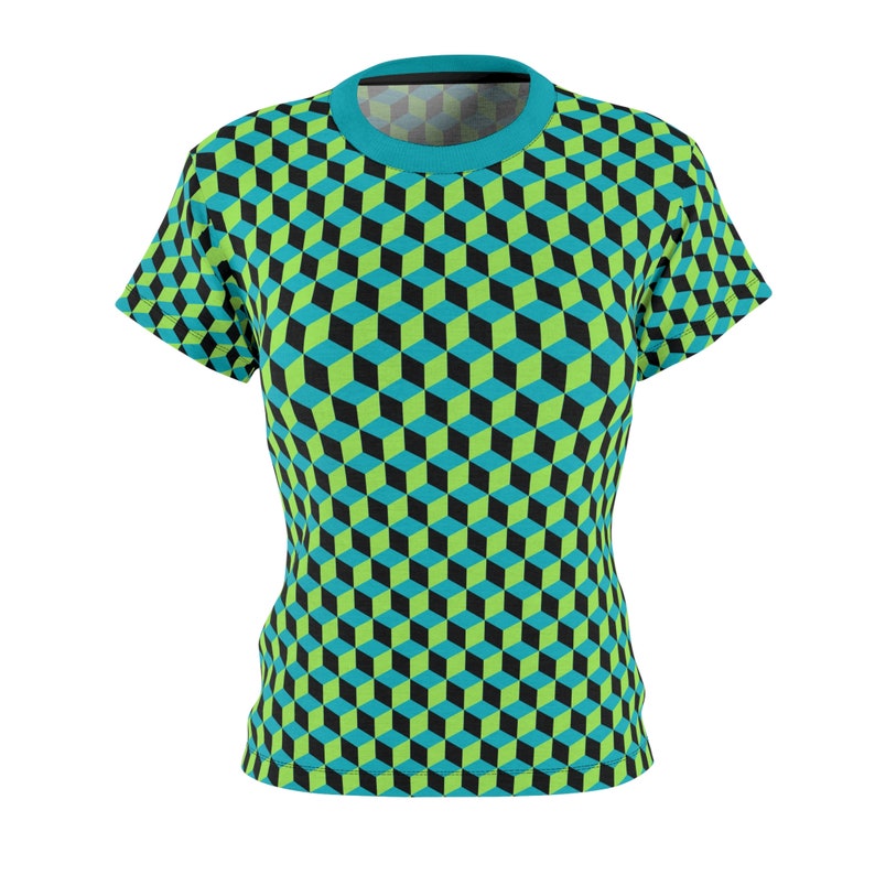 Cubed Blue Green Black Women's Tee, Stylish Polyester Shirt, Casual Tee, Gift for Her image 2