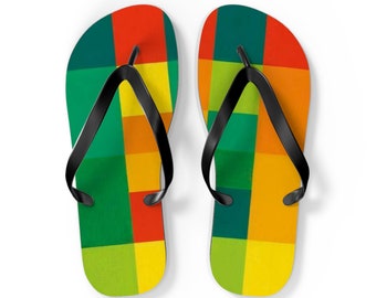 Chic Green & Orange Flip Flops - Geometric Pattern, Comfortable Summer Wear, Perfect Beach Vacation Gift