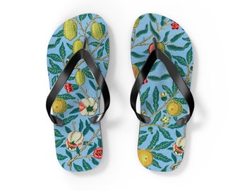 Artistic Fruit Pattern Flip Flops, William Morris Blue Design, Stylish Beach Shoes, Thoughtful Birthday Present