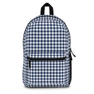 Gingham Navy Blue Backpack - Stylish School Bag for Students, Trendy Travel Backpack, Fashionable Daypack, Checkered Bookbag, Plaid Laptop