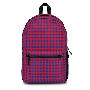 Gingham Backpack, Blue Red Plaid Rucksack, School Bag, Travel Pack, Checkered Knapsack, Picnic Basket, Gift for Students