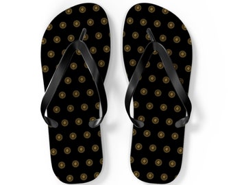 Sun Motif Black Flip Flops - Gold Accents Casual Footwear for Beach Days - Ideal Gift for Vacation Seekers