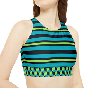 High Neck Crop Bikini Top, Colorful Cubes Design, Comfort Stretch Swimwear, Perfect Summer Gift image 1