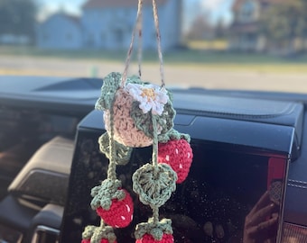 CUSTOM Handmade Crochet Strawberry/Leaf Car Accessary Hanging Plant with Leaves/Flower