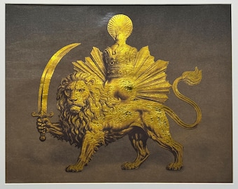 Handmade Gold Embossed Lion and Sun Print: Persian Art