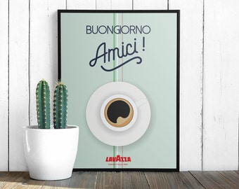 Coffee Digital Print : "Buongiorno Amici!", Italian Wall Art, Cafe Retro Digital Download, Kitchen Decor, Coffee Art, Lavazza, Printable Art