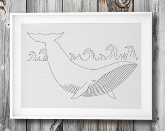 whale embroidery + cross stitch pattern ++ diy craft ++ pdf  INsTAnT DOwNLoAD ++ line wall art