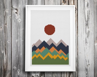 retro modern mountain cross stitch pattern ++ vintage sunrise ++ pdf INsTAnT DOwNLoAD ++ diy embroidery ++ handmade design