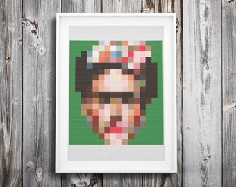 frida kahlo portrait pixel art ++ fine art cross stitch pattern ++ pdf INsTAnT DOwNLoAD ++ modern diy craft embroidery ++ handmade design