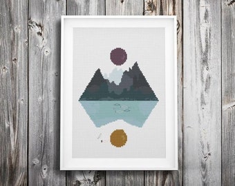 hipster mountain cross stitch pattern ++ modern sunrise ++ pdf INsTAnT DOwNLoAD ++ diy embroidery ++ handmade design